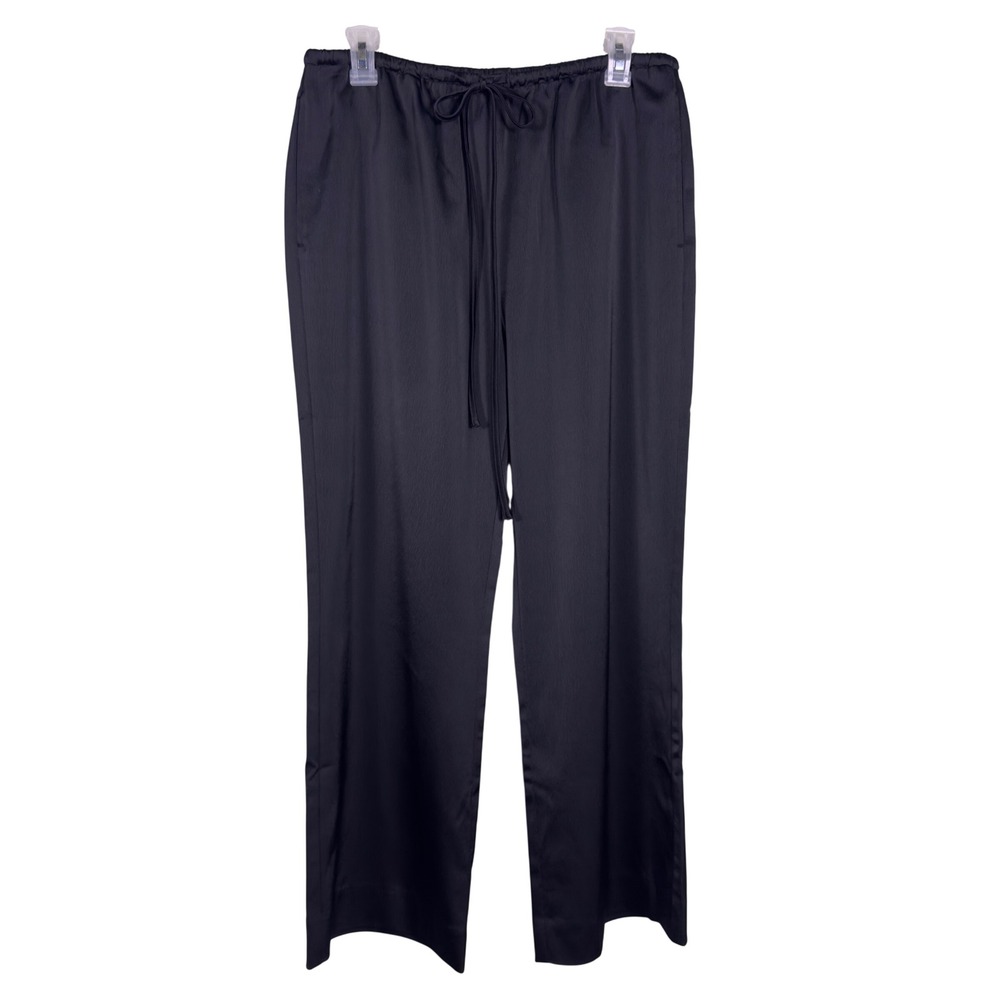 J Peterman S Black Satin Pants Drawstring Elastic Waist Straight Wide Leg